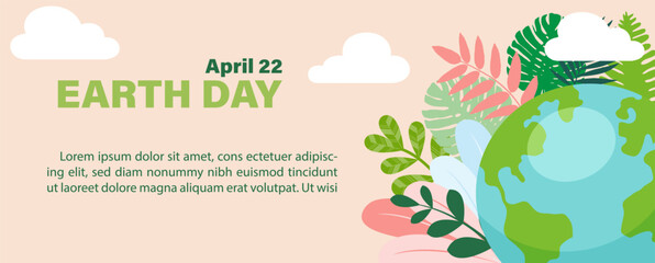 Poster - Blue global with colorful plants and the name of event, example texts on egg yellow colors background. Illustration and Poster campaign of Earth day in flat style