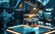 A close-up of an industrial robotic arm holding a cube glass box containing a microchip. A robotic arm holds a three-dimensional rendering of a cube of glowing microchips, blurring a futuristic labora