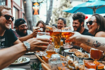 A dinner party in the outdoor courtyard with a group of friends from different nationalities - different young people sitting at tables in the bar, toasting with beer mugs in the bar garden - happy ho