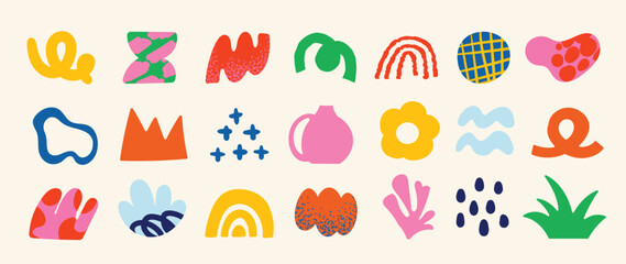 Set of abstract retro organic shapes vector. Collection of contemporary figure, flower, leaf, vase, mountain in funky groovy style. Cute hippie design element perfect for banner, print, stickers. 