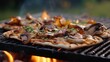 Close - up Shot, grilling, Grilled Smash pizza with cheese, caramellised onions and mushroms