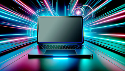 Poster - Laptop with blank screen on vivid neon light trail background, modern technology concept. Generative AI