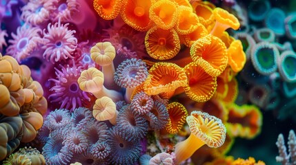 Sticker - A colorful microscopic image of a coral reef showcasing the symbiotic relationship between certain species of protozoa and coral polyps