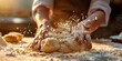 Dough kneading on floured surface, hands detailed, soft morning light, close view 