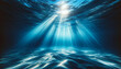 Underwater view of sun rays penetrating the ocean surface. Peaceful marine concept. Generative AI