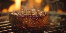 Grilling Steak, Close-up, Rich Char Marks, Sizzling Detail, Warm Ambient Light 