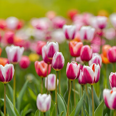 Wall Mural - Tulip flowers meadow, selective focus. Spring nature background