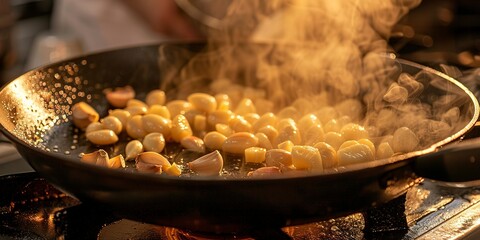 Sticker - Sizzling garlic in olive oil, pan close-up, warm kitchen light, aromatic steam