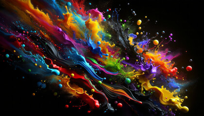 Wall Mural - Abstract fluid art with colorful paint splashes and marbled effect on dark background. Generative AI