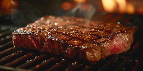 Canvas Print - Grilling steak, close-up, rich char marks, sizzling detail, warm ambient light 