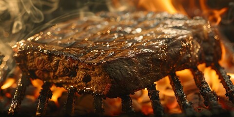 Canvas Print - Grilling steak, close-up, rich char marks, sizzling detail, warm ambient light 