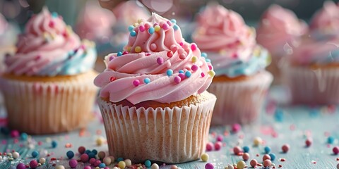 Poster - Decorating cupcakes, frosting swirl, close-up, colorful sprinkles, soft kitchen light 