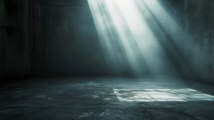 Wall Mural - Sunbeams filtering through a window in a dark concrete room. Solitude and reflection concept. Generative AI