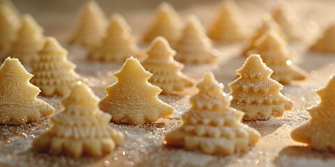 Wall Mural - Close view, Christmas cookies shaped like trees, sugar sparkle, soft light, high detail