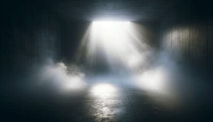 Poster - Dramatic rays of light cut through the mist in a dark, enclosed space. Drama and revelation concept. Generative AI