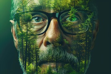 Wall Mural - Man's face is shown in forest, with trees growing out of his eyes and mouth