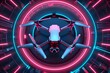 A drone with four propellers is centered in the picture, surrounded by circular blue and pink neon lines forming DRONE psychiatric sports The overall design of highdefinition vector illustrations has