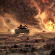 armored tank crosses a mine field during war invasion epic scene of fire and some in the desert