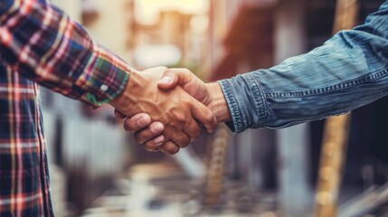 Wall Mural - Architect and engineer construction workers shaking hands while working at outdoors construction site. Building construction collaboration concept