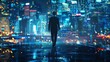 Business technology concept, Professional business man walking on future Bangkok city background and futuristic interface graphic at night, Cyberpunk color style