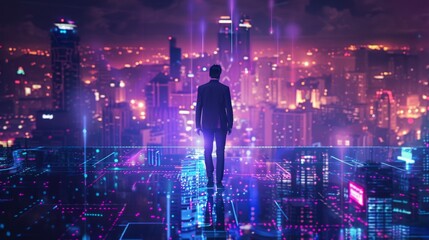 Business technology concept, Professional business man walking on future Pattaya city background and futuristic interface graphic at night, Cyberpunk color style