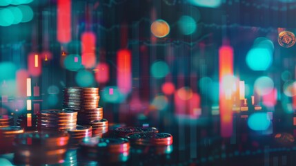 Poster - Creative image of growing coin stacks and candlestick forex chart on blurry background. Trade, money and financial growth concept. Double exposure
