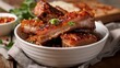 crispy pork belly or deep fried pork slice in white bowl on brown table background. Asian Food