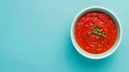 Wall Mural - White bowl of tomato sauce on light blue background, top view