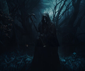 Wall Mural - Halloween background. nightmarish silhouette of death in a cloak and a dark hood. Undead in a scary mystical forest. The concept of Halloween, witchcraft and magic.