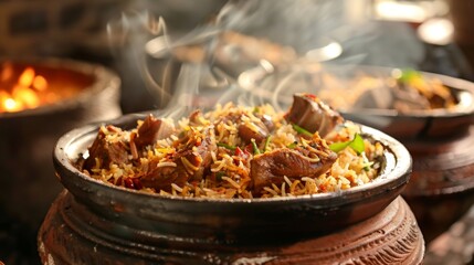 Dum Handi Mutton Biryani or gosht pilaf is prepared in an earthen or clay pot called Haandi or 1 kilo size. Popular Indian non vegetarian food