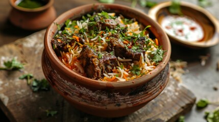 Dum Handi Mutton Biryani or gosht pilaf is prepared in an earthen or clay pot called Haandi or 1 kilo size. Popular Indian non vegetarian food