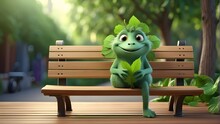 An Inventive 3D Illustration Of A Charming, Green Creature Sitting Carefully On A Wooden Park Bench And Using A Leaf As A Fan.