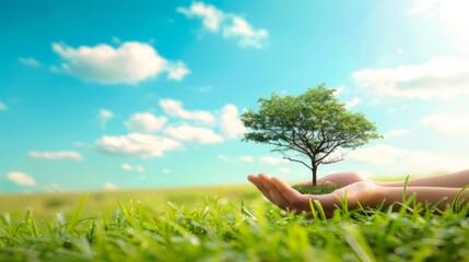 Hands holding tree on grass field against blue sky background. ecology concept