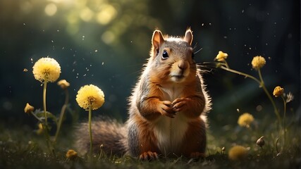 Wall Mural - A whimsical squirrel resting on its hind legs, gently blowing on a dandelions while the seeds drift out into a gentle glow.