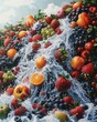 Illustrate the lively energy of fruit as it plunges into a cascading waterfall, blending into a beautiful, organic liquid splash design , up32K HD