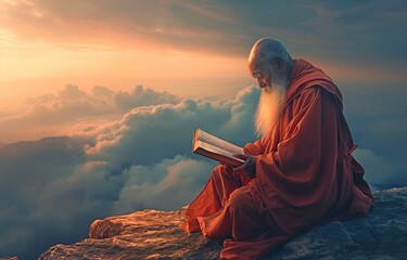 Overlooking an amazing landscape, an elderly monk holding a golden book prays.