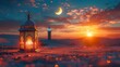 Ramadan Kareem: Crescent Moon with Arabic Lantern at Dawn in a Desert - Enchanting Abstract Glitter in the Light