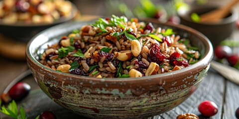 Canvas Print - Wild rice salad, cranberries and nuts, close shot, rustic bowl, daylight, textured detail