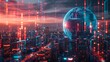 Global Business: A 3D vector illustration of a futuristic cityscape with skyscrapers