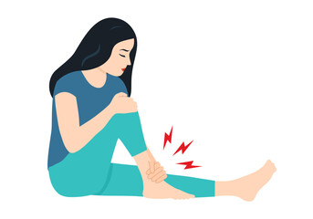 Wall Mural - Woman has leg pain in flat design. Muscle or bone problem.