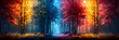 fire in the forest,
 Landscape in a fabulous forest rainbow spectrum