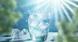さわやかな太陽の日差しが差し込む透明な氷が入ったグラスの炭酸水からキラキラとはじけるしぶきと氷のかけら　夏・水・飲料水・ソーダ　