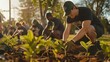 A team of athletes is shown planting trees and cleaning up a local park illustrating their commitment to sustainability and preserving the environment for future generations to enjoy. .