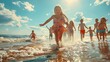 A smiling girl in a swimsuit leads a group of kids through the shallow beach waters during a summer getaway, evoking a sense of freedom and joy