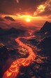 Volcanic fields, rivers of lava glowing ominously under a smoky sky, a land reshaped by fire and fury