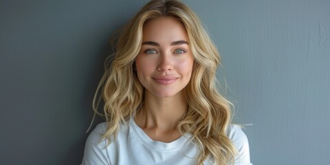 Wall Mural - Beautiful smiling young blonde caucasian woman, isolated on neutral background. Close up portrait of face. Horizontal Web Banner Style. Generative AI.
