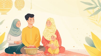 Wall Mural - Ramadan Kareem greeting. Moslem Family cartoon illustration, Muslim Family Design