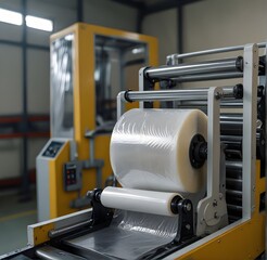 Wall Mural - The operation of automatic plastic bag production machine with lighting effect. Close-up of the roller of the plastic bag production machine in the light blue scene.
