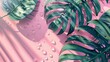 Dynamic summer hues of pink and green on Monstera leaves with fresh water drops