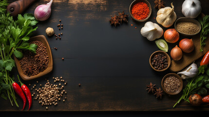 Black stone cooking background. Spices and vegetables. Top view. Free space for your text.